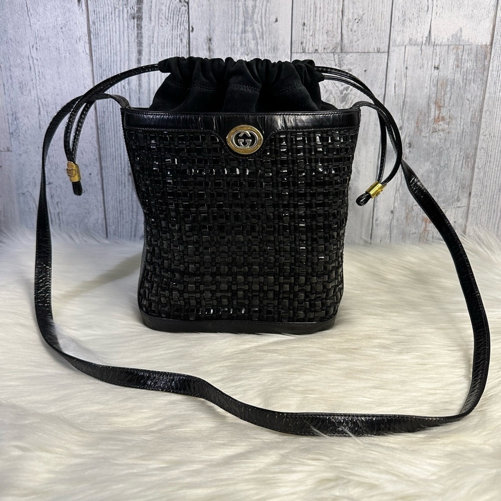 Gucci Black Woven Leather Drawstring Crossbody Bag